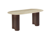 TABLE A MANGER VENEZIA PIED METAL EFFET NOYER CERAMIQUE TRAVERTIN BRILLANT 180x90x75cm