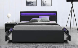 LIT LED EN SIMILICUIR A TIROIRS - BLANC/GRIS/NOIR