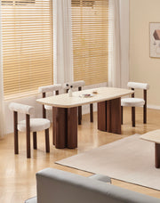 TABLE À MANGER TRINITY NOYER/TRAVERTIN/HÊTRE - CÉRAMIQUE/MDF