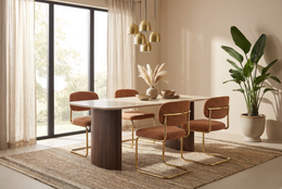 TABLE A MANGER TINA PIED EFFET NOYER/TRAVERTIN -  PLATEAU CERAMIQUE TRAVERTIN MAT - 180x90x75cm
