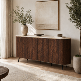 BUFFET STONEA - EFFET NOYER/TRAVERTIN - 4 PORTES 180x40x85cm