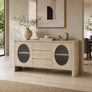BUFFET (MEUBLE TV) ODEO NOYER/TRAVERTIN - 2 PORTES 180x40x85cm