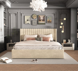 LIT COFFRE CAMILLE - VELOURS BEIGE/GRIS