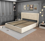 LIT COFFRE CAMILLE - VELOURS BEIGE/GRIS